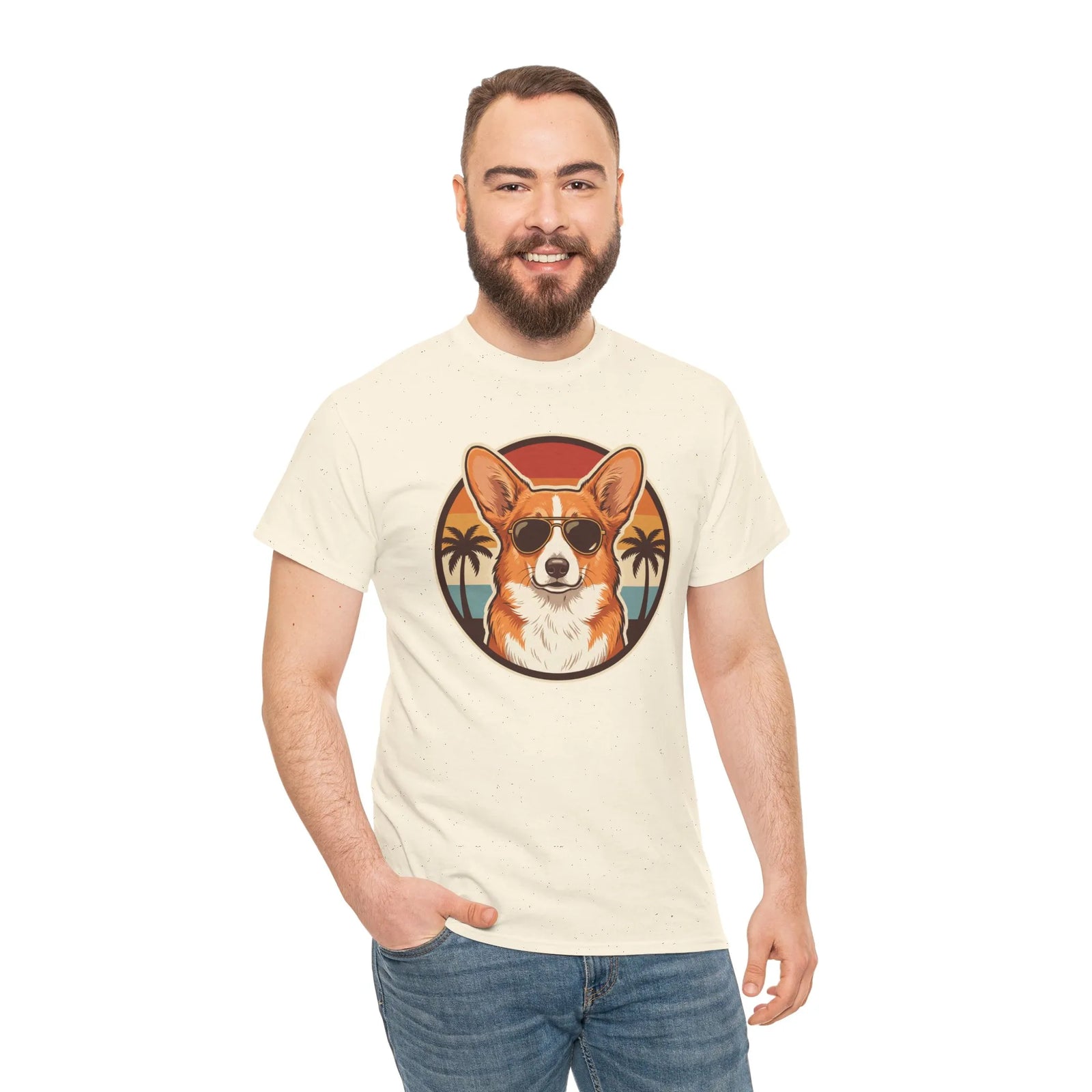 Cool Corgi Aviator Sunset T-Shirt - Heavy Cotton Classic Fit Tee - Unisex White