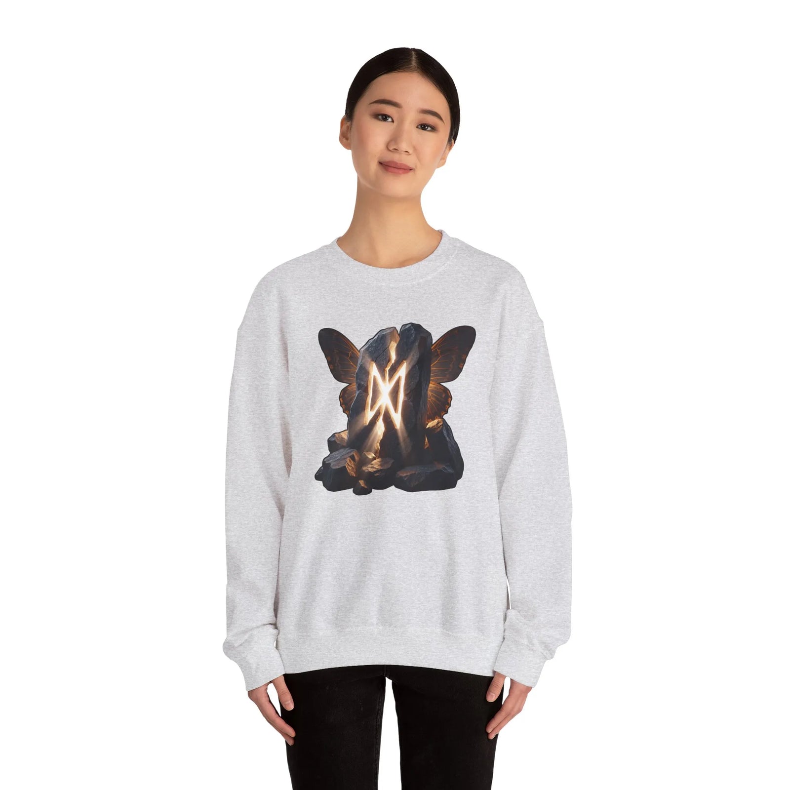 Dagaz Rune Stone Butterfly Sweatshirt - Heavy Blend Cotton Poly Crewneck - Unisex Off-White