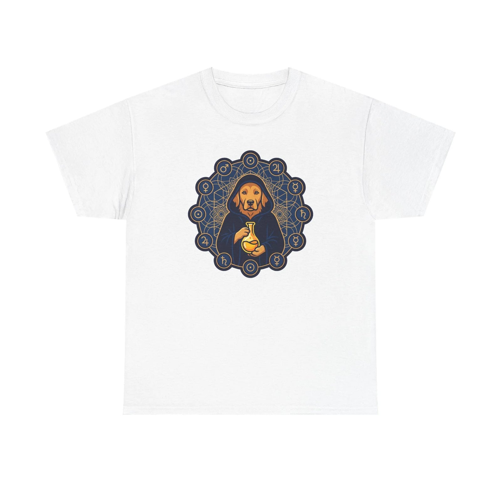 Alchemist Dog Sacred Geometry T-Shirt - Heavy Cotton Classic Fit Tee - Unisex White