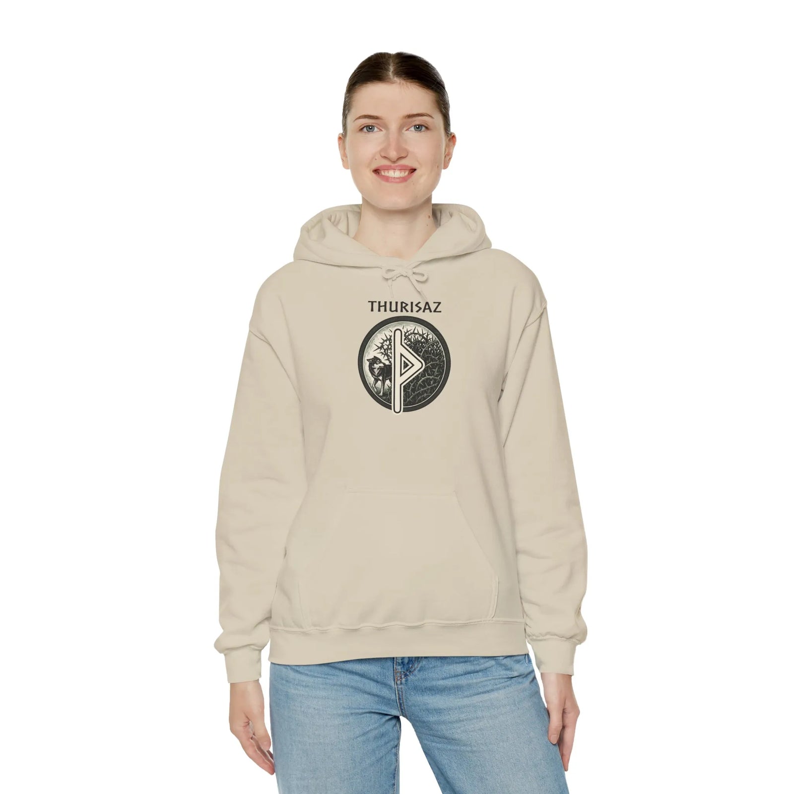 Thurisaz Rune Wolf Graphic Hoodie - Heavy Blend Fleece Pullover - Unisex White