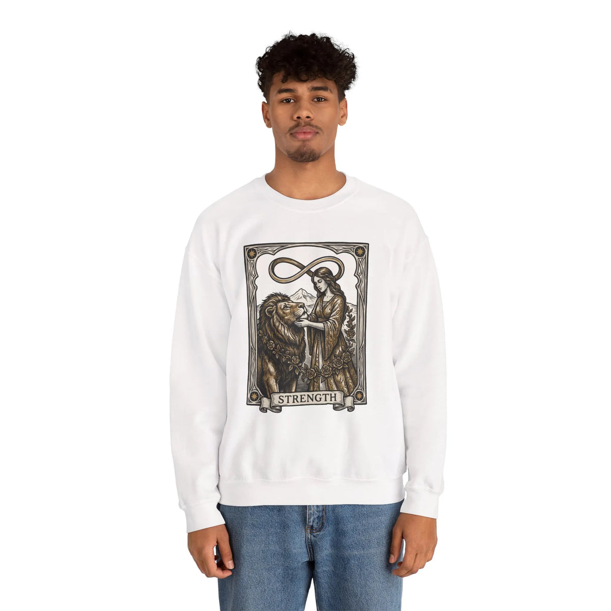 Strength Tarot Card Sweatshirt - Heavy Blend Crewneck Fleece - Unisex White