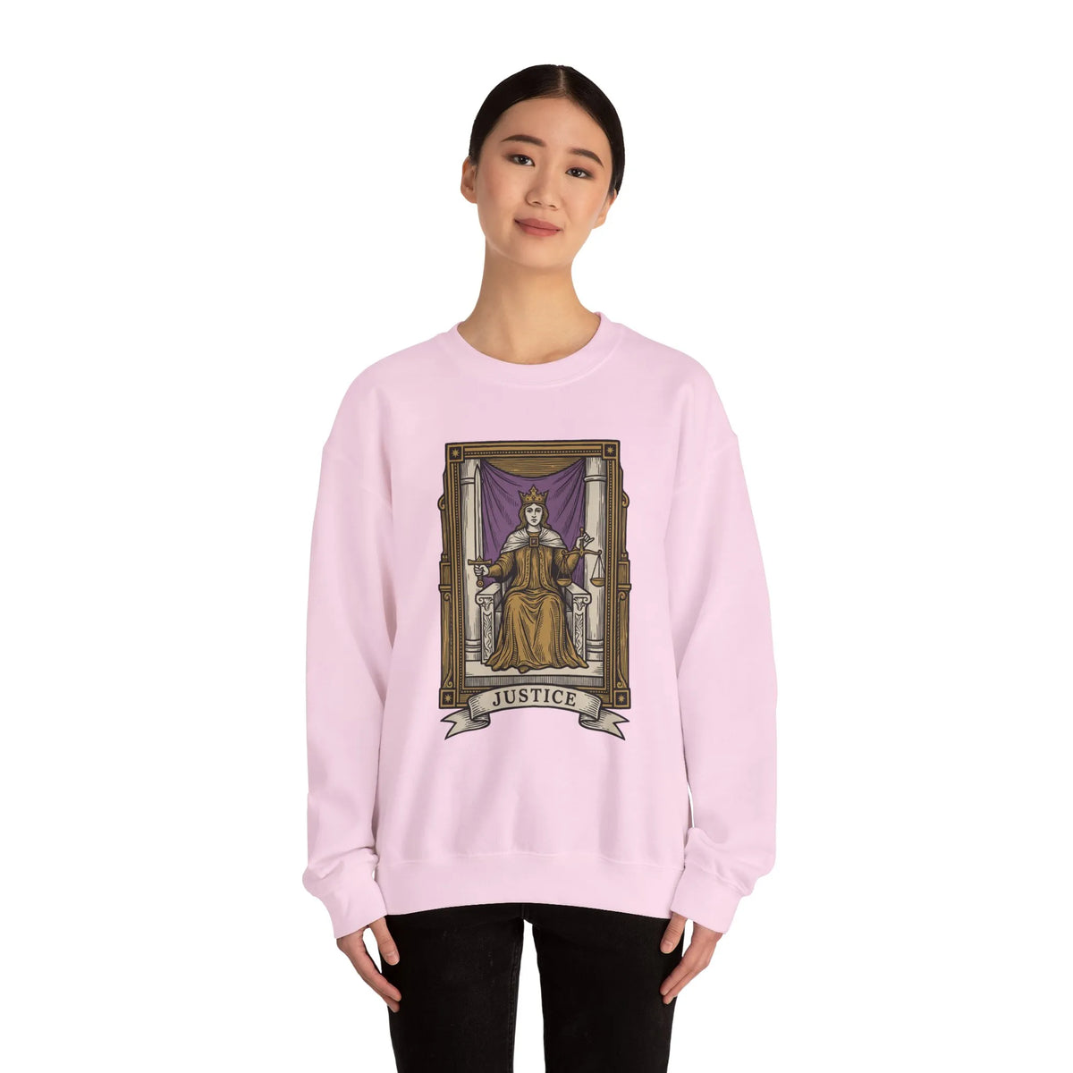 Justice Tarot Card Sweatshirt - Heavy Blend Cotton Poly Crewneck - Unisex White
