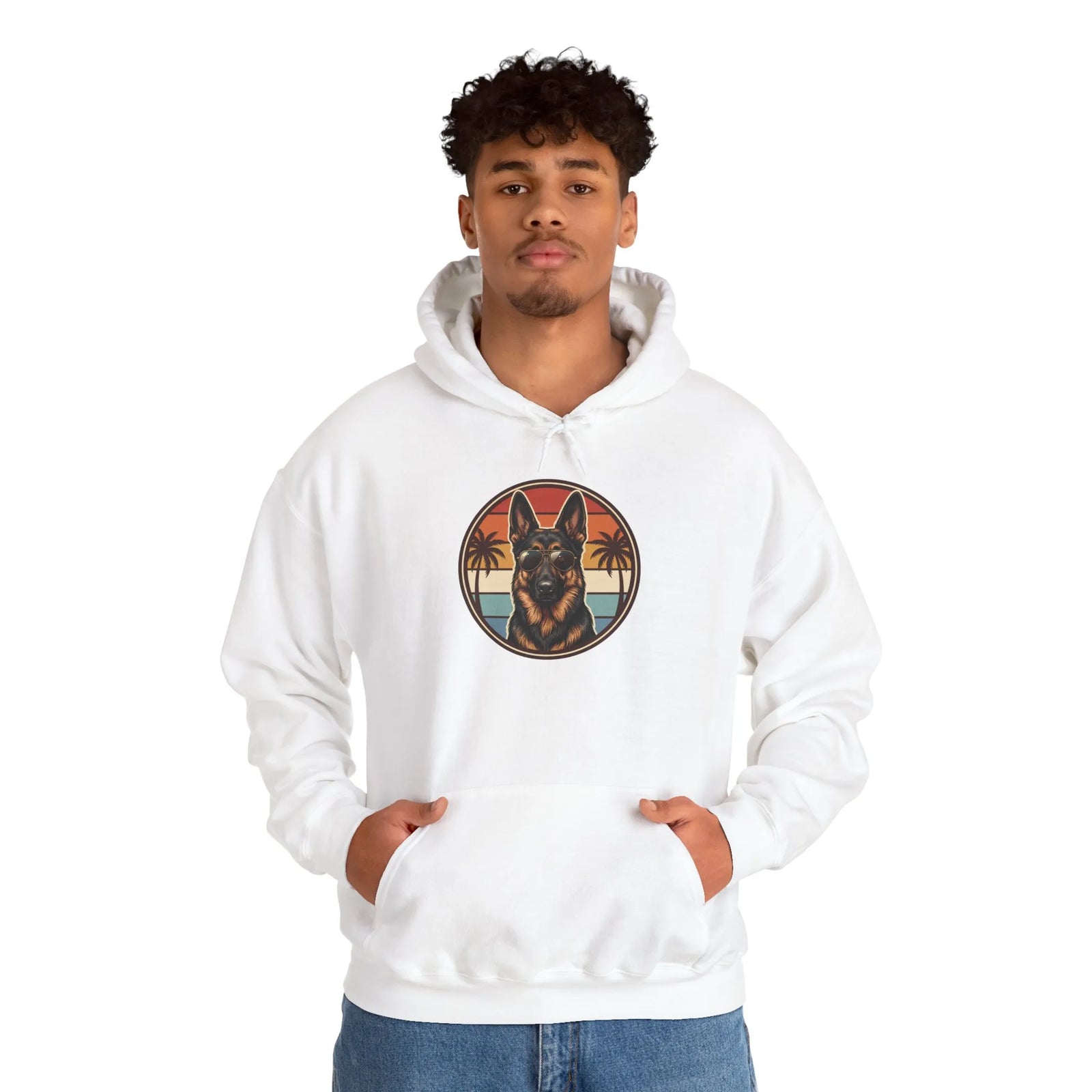 German Shepherd Aviator 70s Sunset Hoodie - Heavy Blend Fleece Pullover - Unisex White