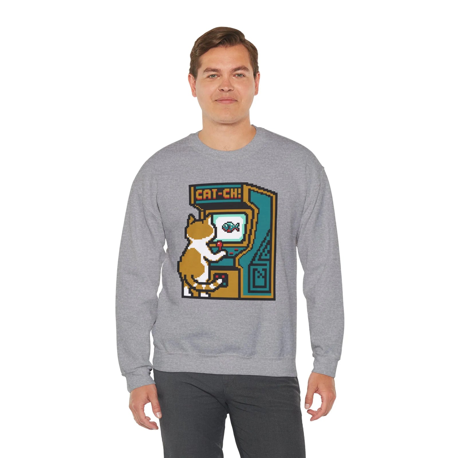 Arcade Night Pixel Gaming Cats Sweatshirt - Heavy Blend Fleece Crewneck - Unisex White