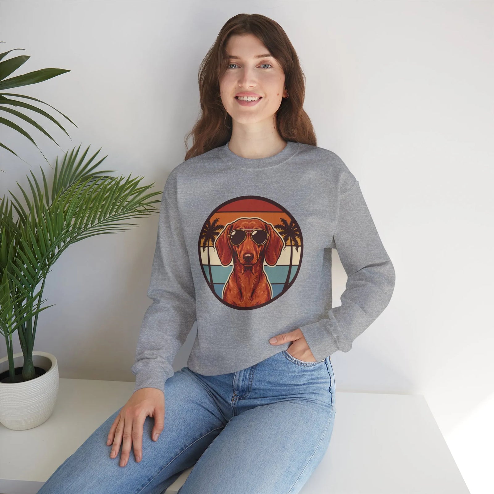 Dachshund Sunset Aviators Sweatshirt - Heavy Blend Fleece Crewneck - Unisex White