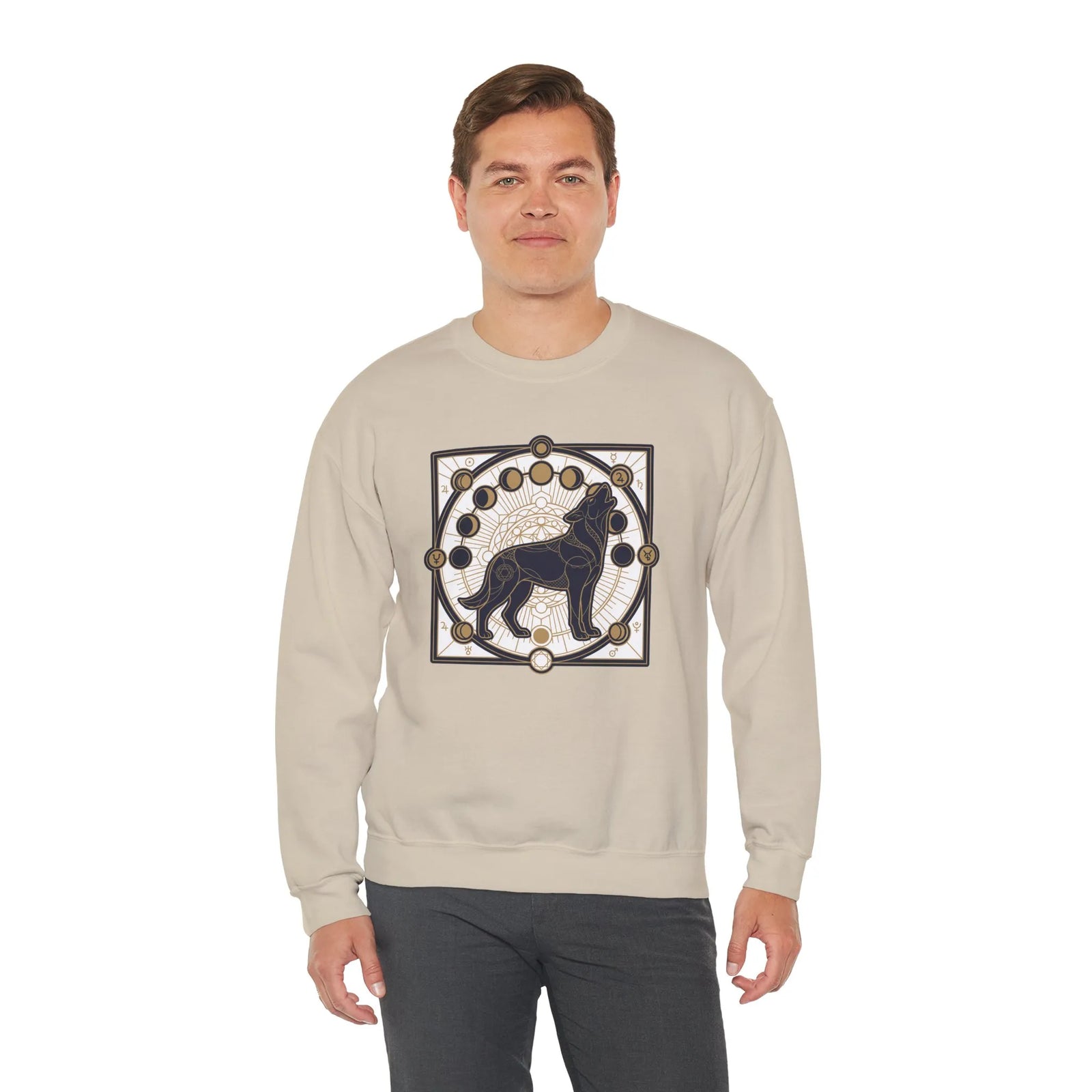 Sacred Geometry Spirit Dog Sweatshirt - Heavyweight Cotton Blend Crewneck - Unisex White