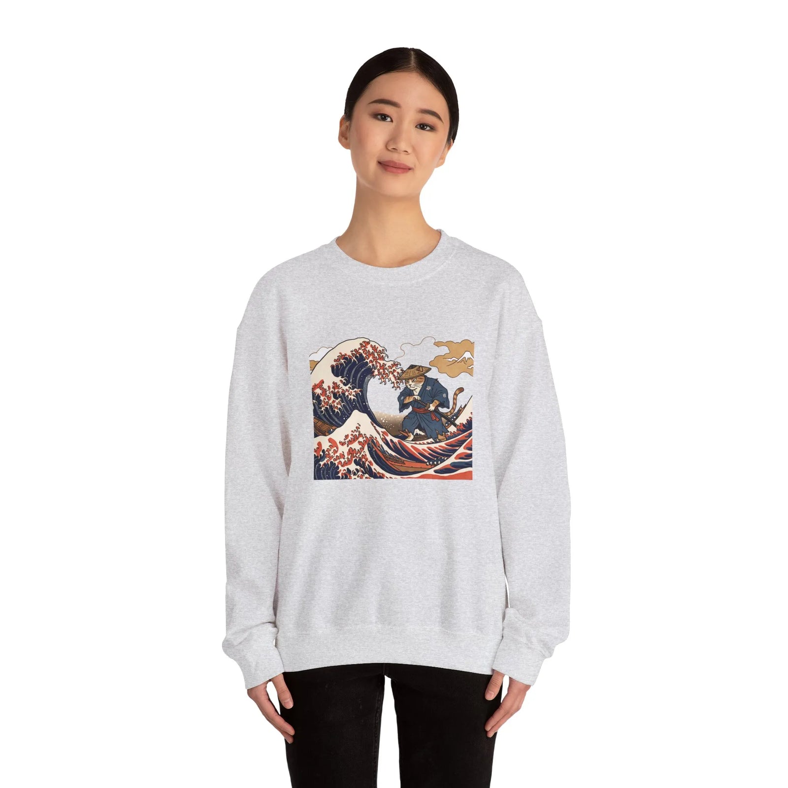 Ukiyo-e Samurai Cat Great Wave Sweatshirt - Heavy Blend Cotton Blend Crewneck - Unisex White