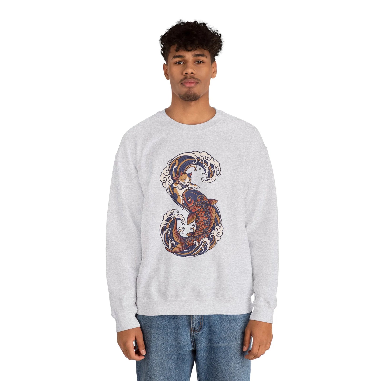 Koi Rider Ukiyo-e Samurai Cats Sweatshirt - Heavy Blend Fleece Crewneck - Unisex Ash