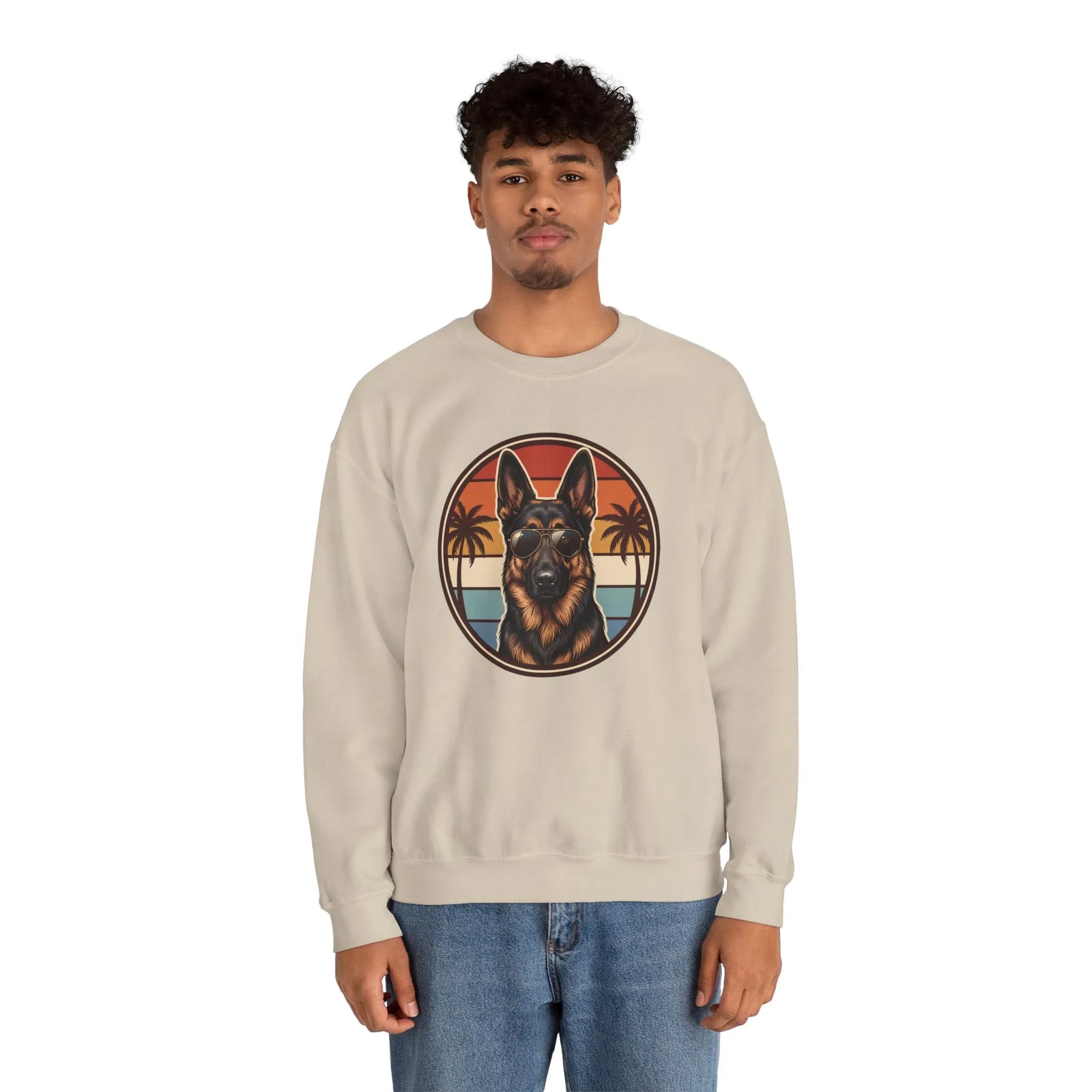 German Shepherd 70s Sunset Aviators Sweatshirt - Heavy Blend Cotton-Poly Crewneck - Unisex White
