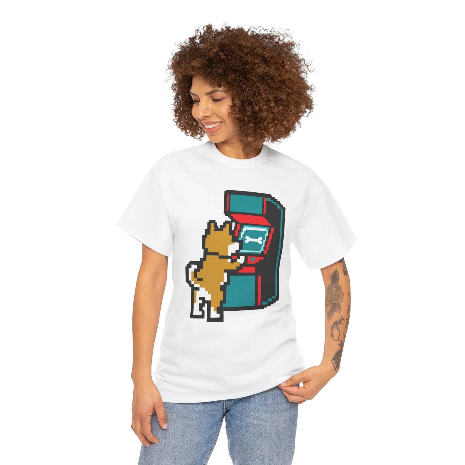 8-Bit Pixel Gaming Dog T-Shirt - Heavyweight Cotton Classic Fit Tee - Unisex White