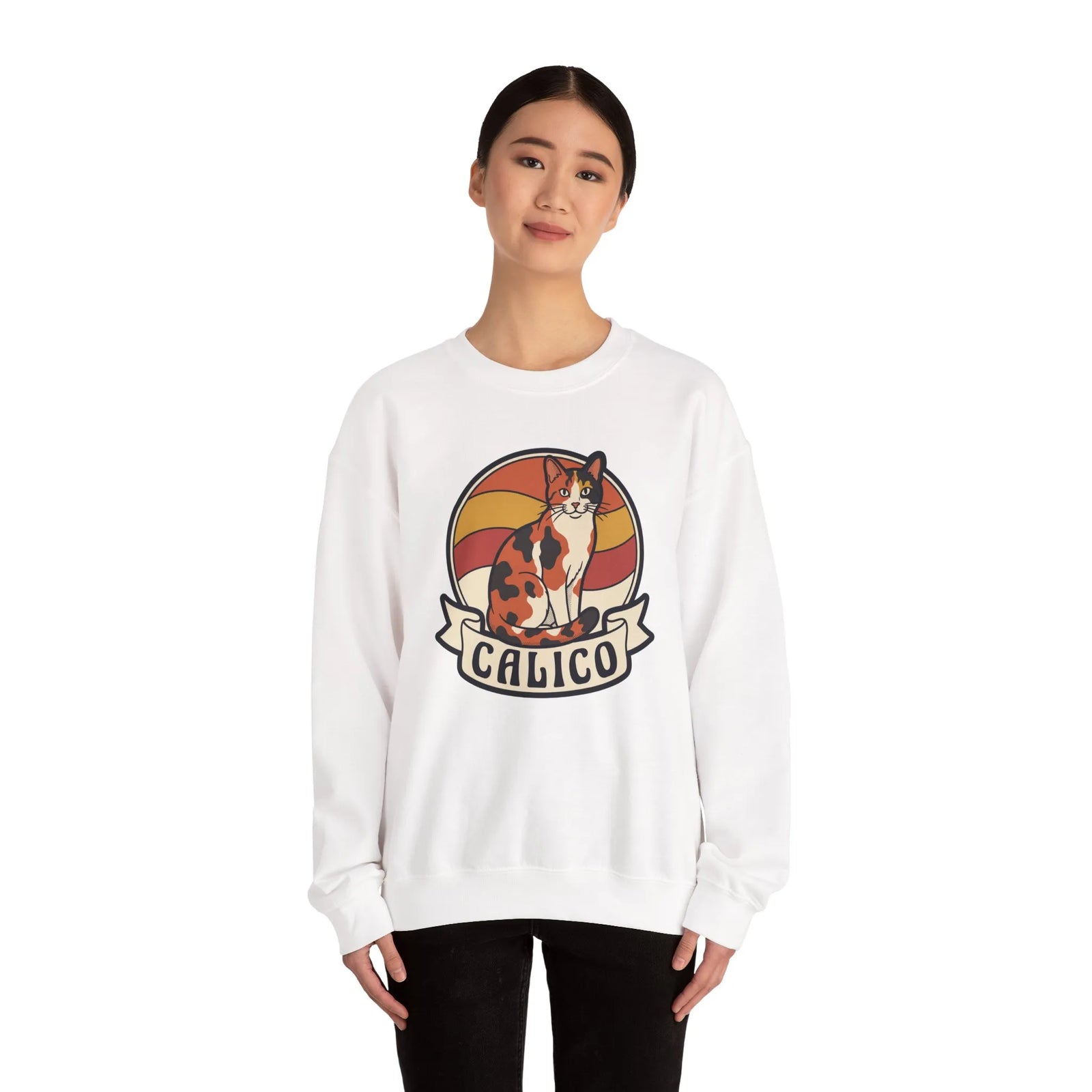 Calico Cat Retro 70s Sunset Sweatshirt - Heavy Blend Classic Fit Fleece - Unisex White