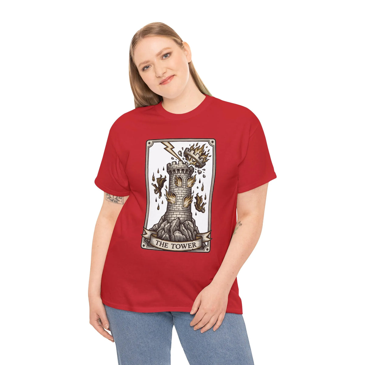 The Tower Tarot Card Graphic T-Shirt - Heavy Cotton Classic Fit Tee - Unisex White