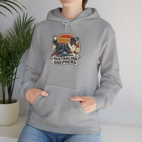 Australian Shepherd Retro 70s Sunset Hoodie - Heavy Blend Fleece Pullover - Unisex White