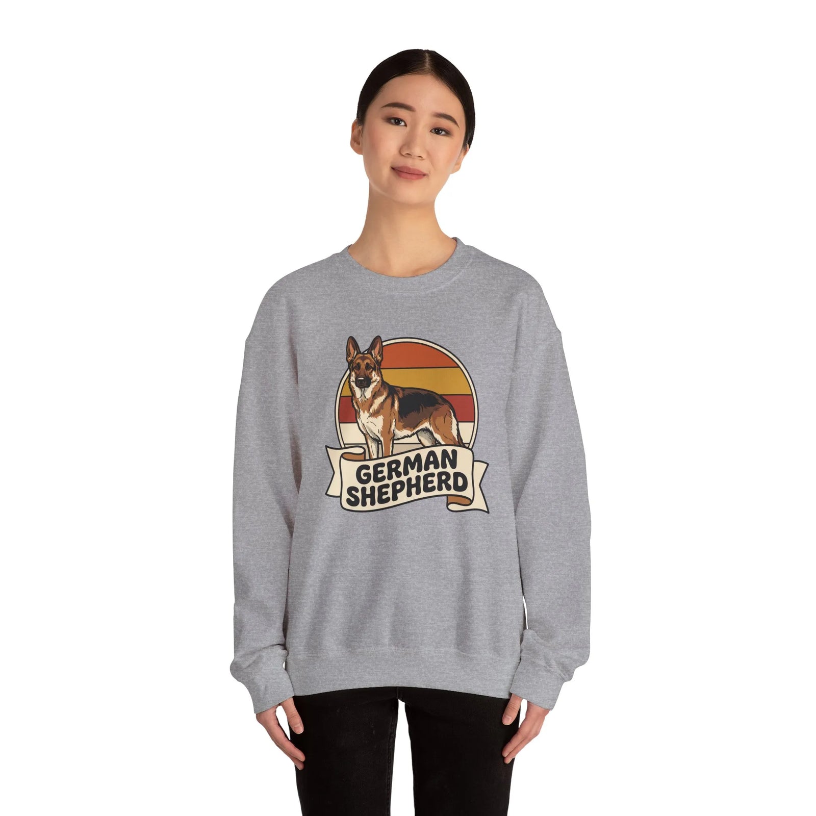 German Shepherd Retro 70s Sunset Sweatshirt - Heavy Blend Cotton Blend Crewneck - Unisex White