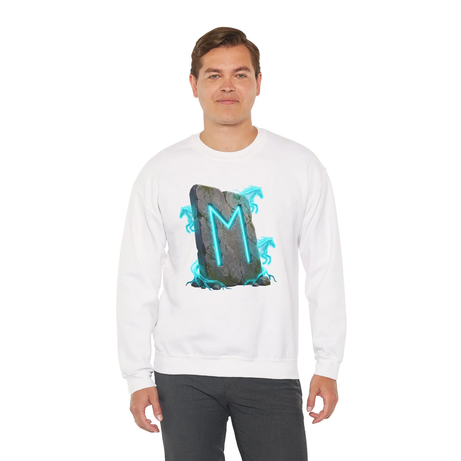 Ehwaz Rune Spirit Horse Sweatshirt - Heavy Blend Classic Fit Crewneck - Unisex White