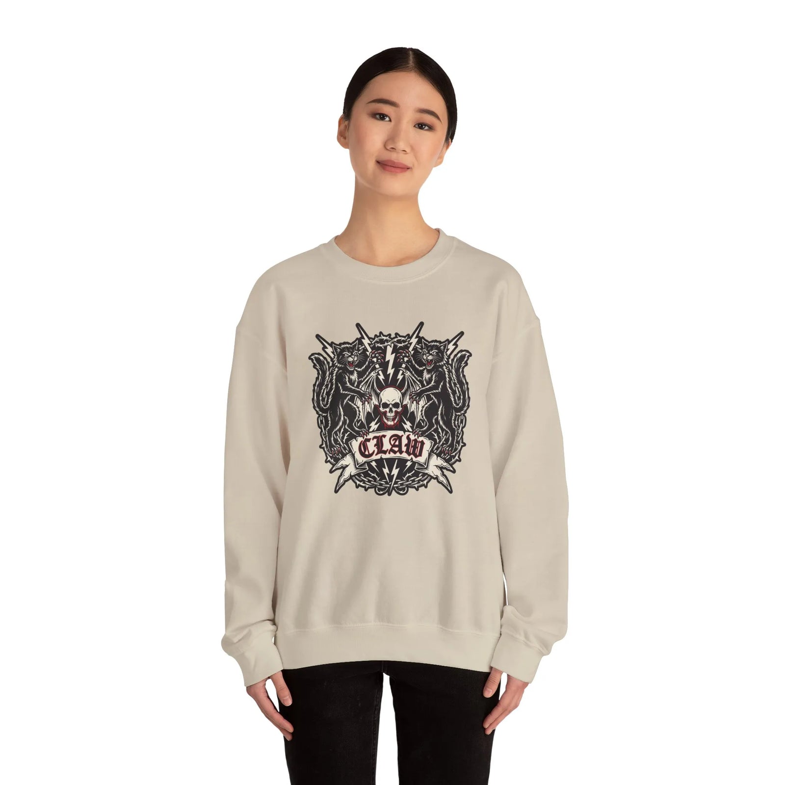 Rocker Cats Band Crest Sweatshirt - Heavy Blend Cotton-Poly Crewneck - Unisex White