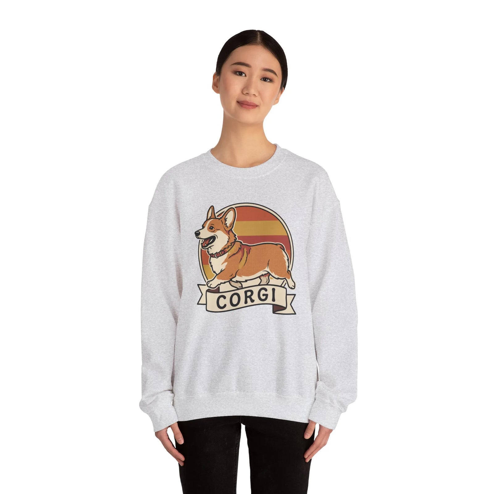 Retro 70s Sunset Corgi Sweatshirt - Classic Fit Cotton-Poly Crewneck - Unisex White