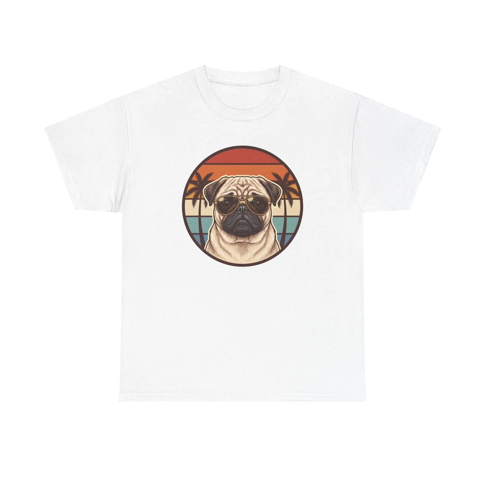 Pug Aviator 70s Sunset Graphic T-Shirt - Heavyweight Cotton Classic Fit Tee - Unisex White
