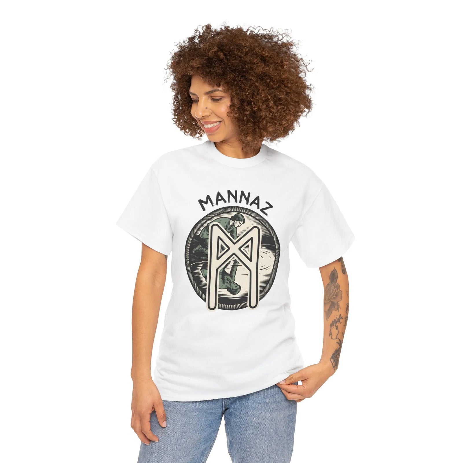 Mannaz Rune Reflection Graphic T-Shirt - Heavy Cotton Classic Fit Tee - Unisex White
