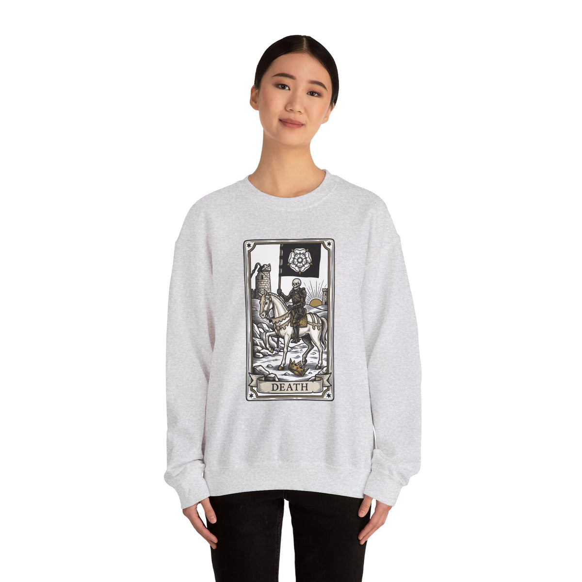 Tarot Death Card Graphic Sweatshirt - Heavy Blend Classic Fit Crewneck - Unisex White