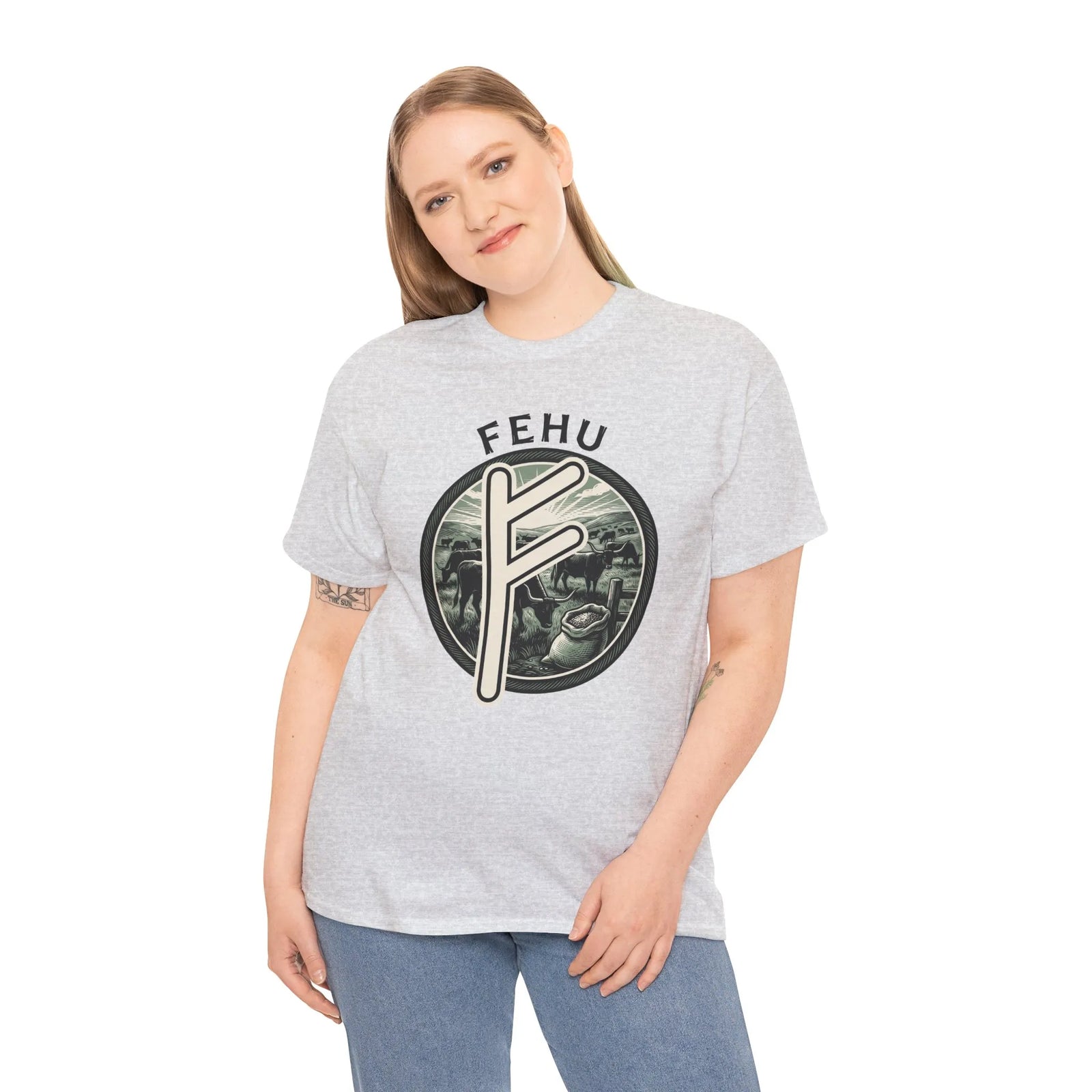 Fehu Rune Wealth Symbol T-Shirt - Heavy Cotton Classic Fit Tee - Unisex White