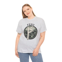Fehu Rune Wealth Symbol T-Shirt - Heavy Cotton Classic Fit Tee - Unisex White
