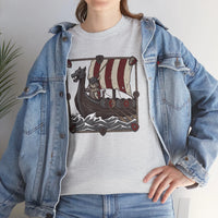 Viking Berserker Cat Longship T-Shirt - Heavyweight Cotton Classic Crewneck - Unisex White