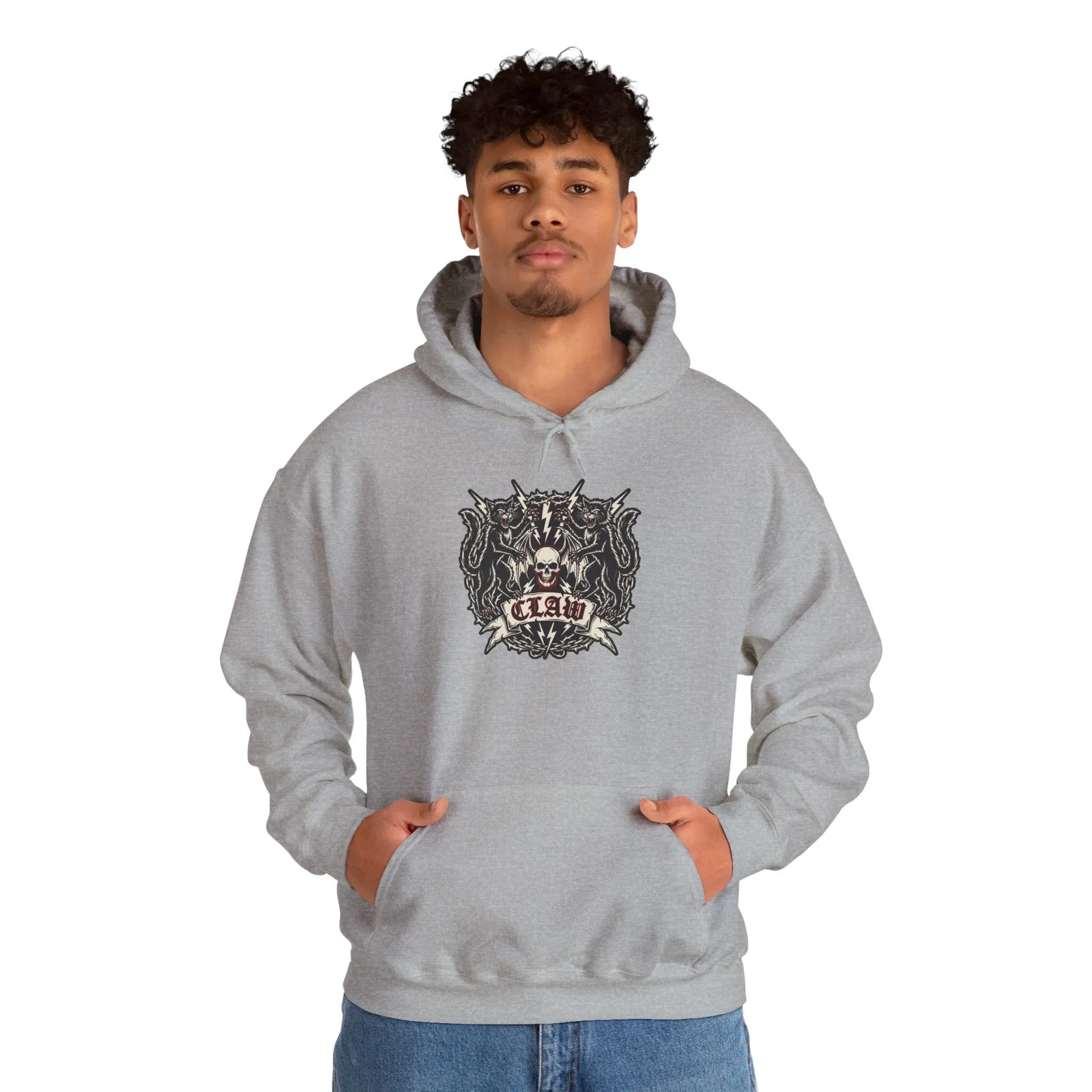 Band Crest Heavy Metal Rocker Cats Hoodie - Heavyweight Cotton Blend Classic Fit - Unisex White