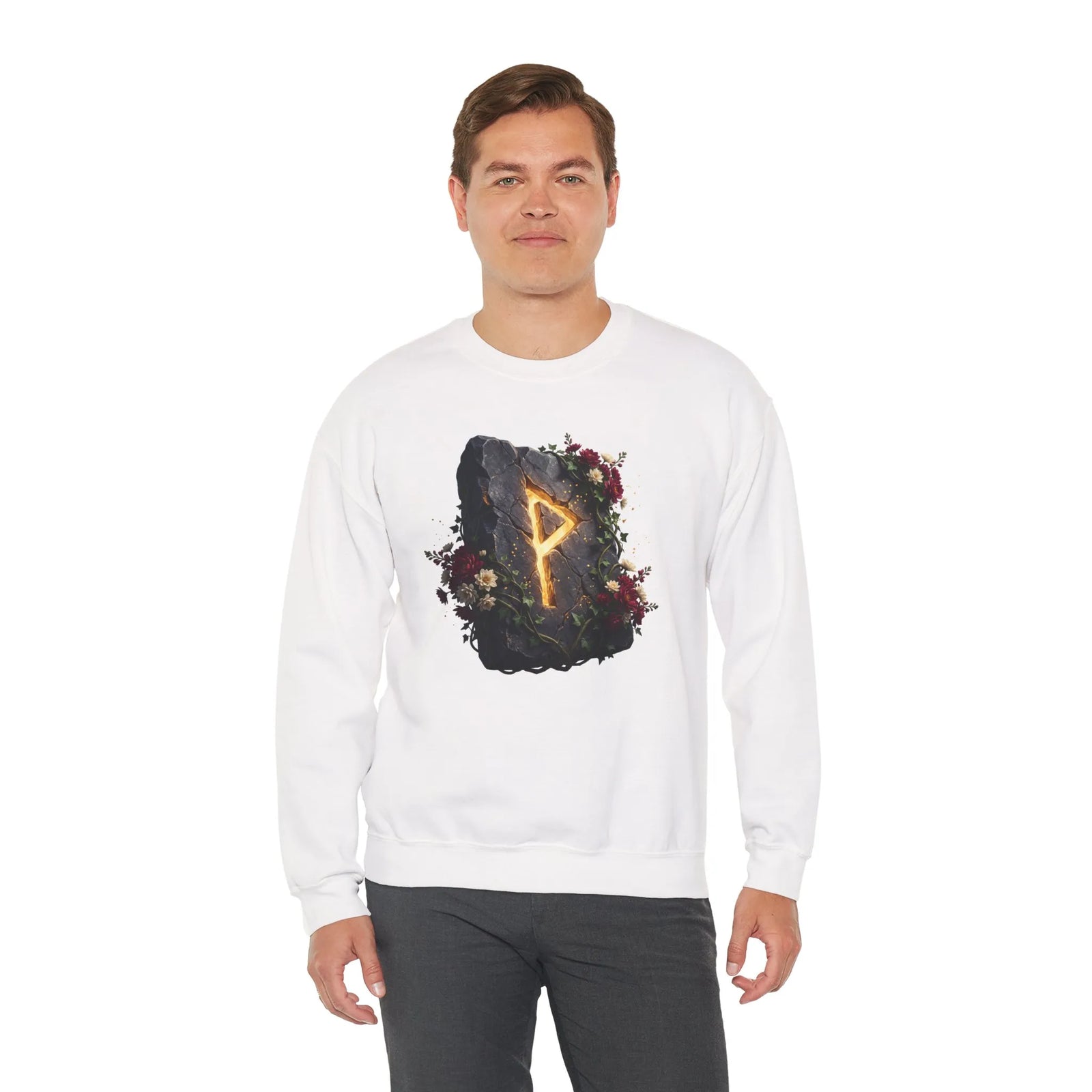 Wunjo Rune Blossom Sweatshirt - Heavy Blend Crewneck Fleece - Unisex Ash