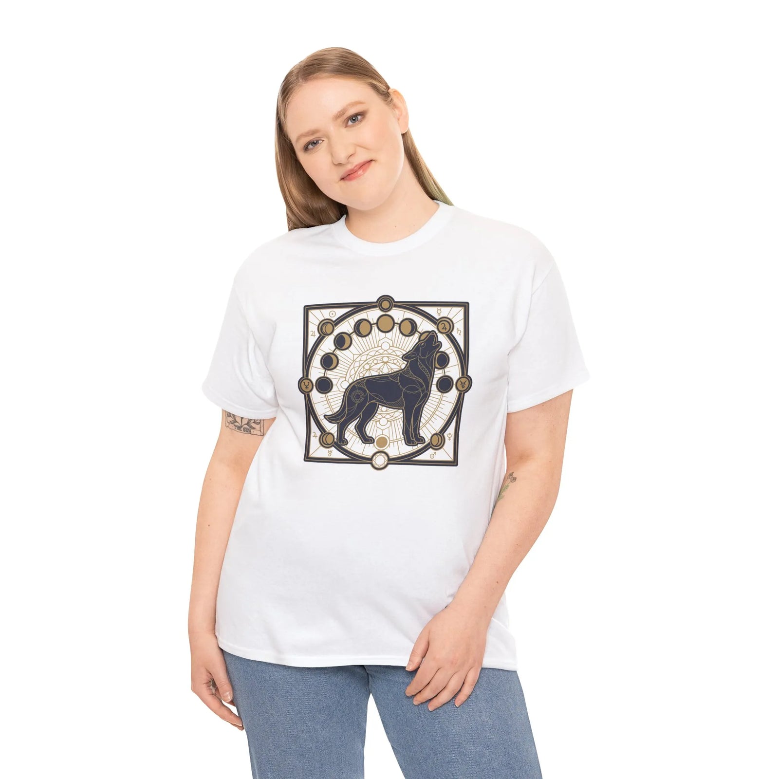 Sacred Geometry Spirit Dog Howl T-Shirt - Heavyweight Cotton Classic Fit Tee - Unisex White