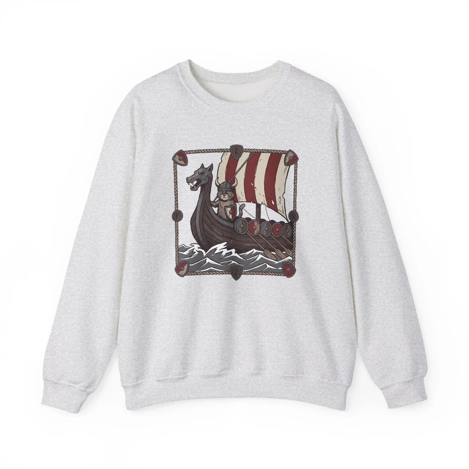 Longship Prow Viking Berserker Cats Sweatshirt - Heavyweight Cotton Blend Crewneck - Unisex White