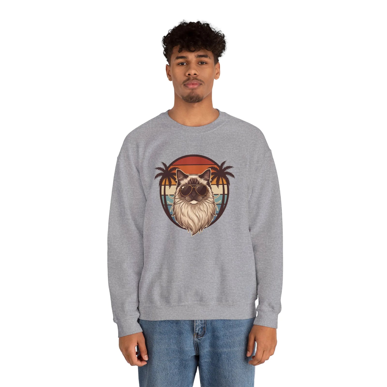 Ragdoll Cool Cat 70s Sunset Aviators Sweatshirt - Classic Fit Midweight Crewneck - Unisex White