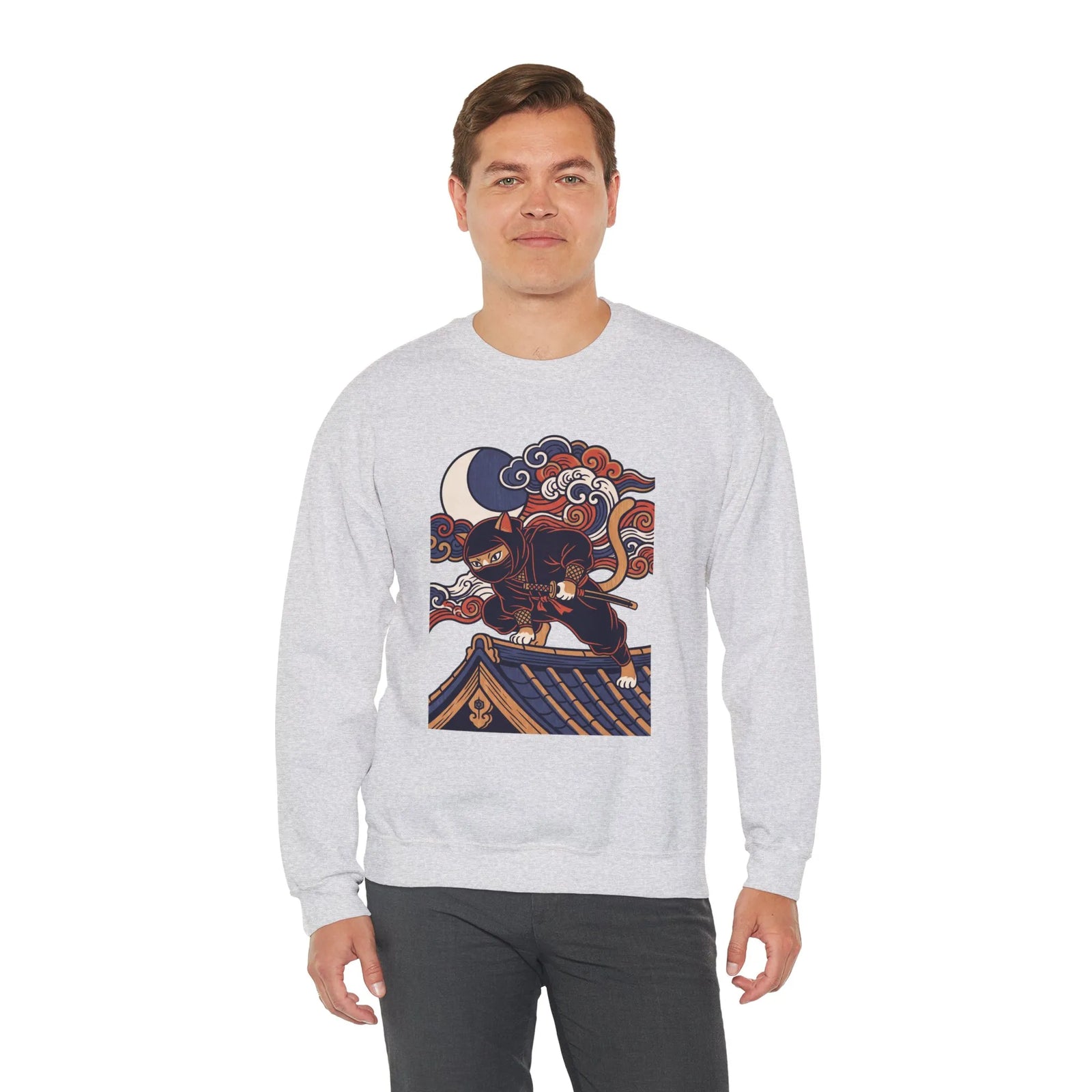 Ninja Cat Ukiyo-e Samurai Sweatshirt - Soft Heavyweight Fleece Crewneck - Unisex White