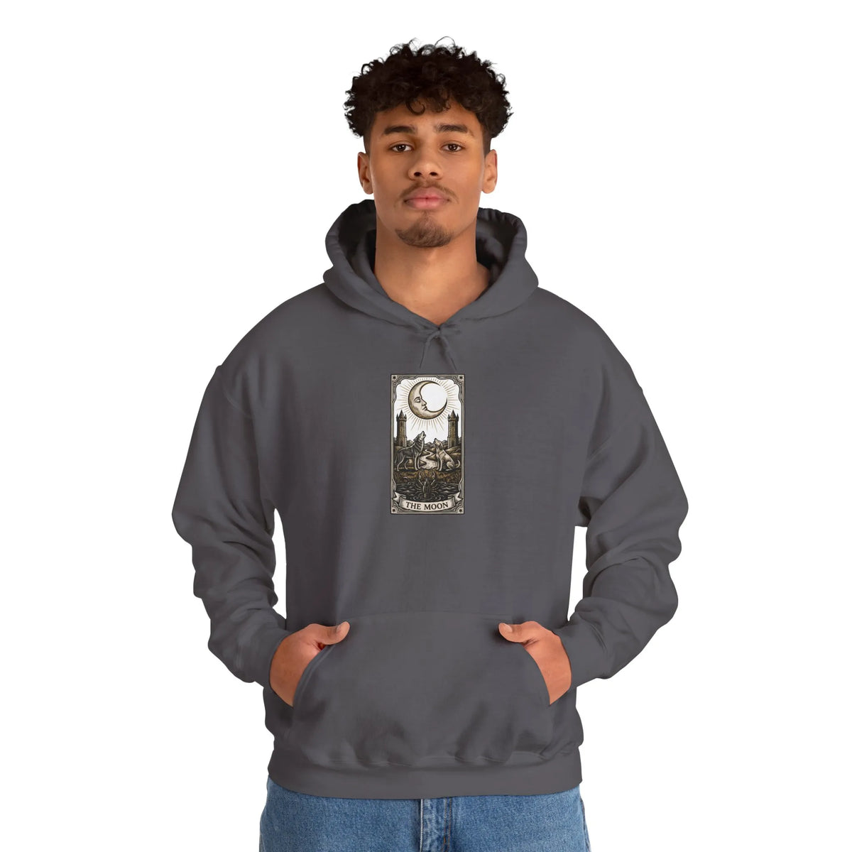 Moon Tarot Card Graphic Hoodie - Soft Fleece Blend Pullover - Unisex Ash