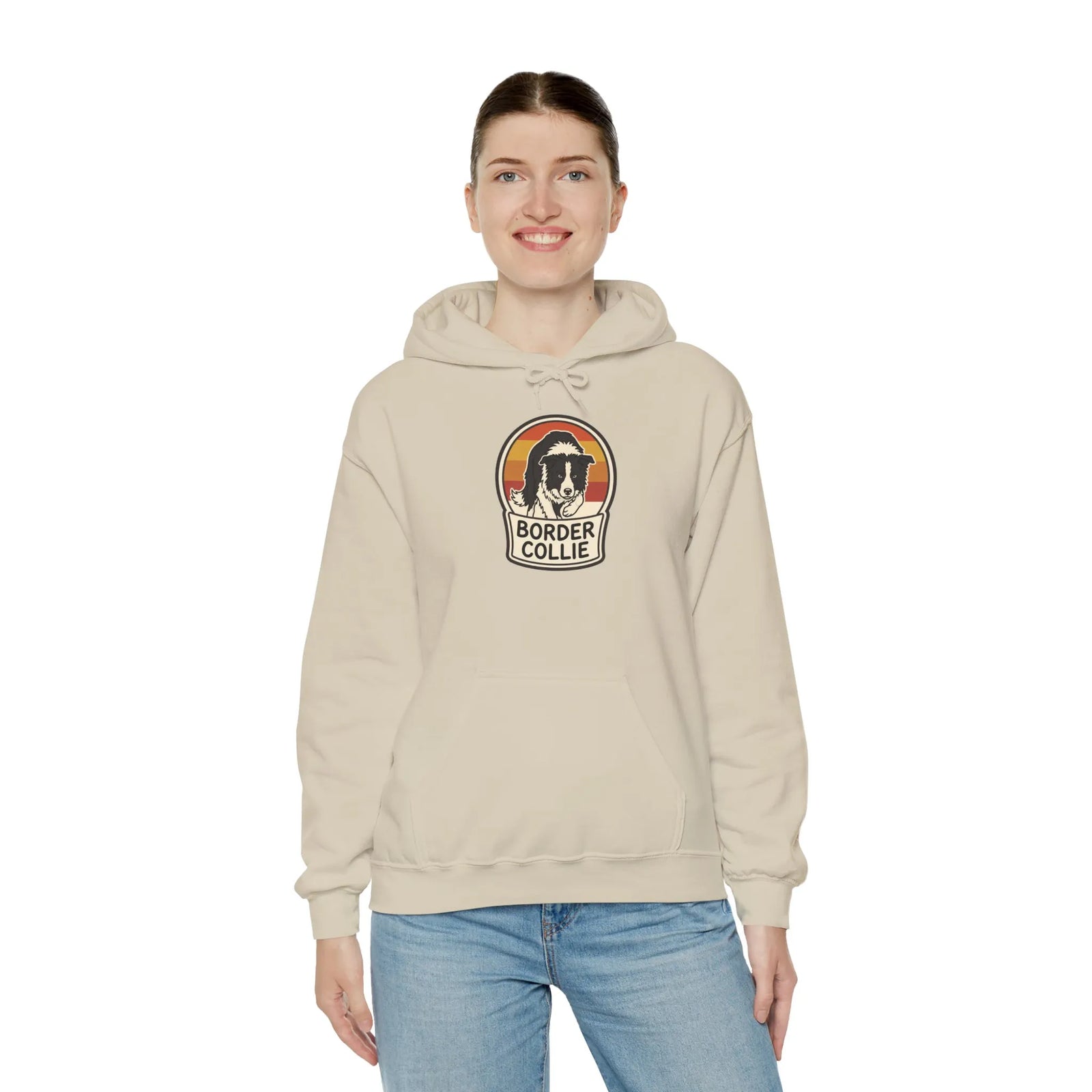 Border Collie Retro 70s Sunset Hoodie - Heavy Blend Cotton-Poly Fleece Pullover - Unisex White