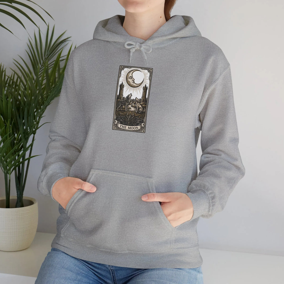 Moon Tarot Card Graphic Hoodie - Soft Fleece Blend Pullover - Unisex Ash