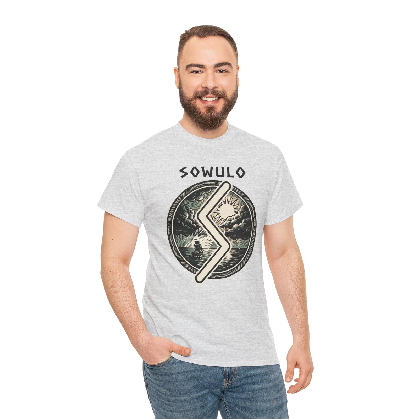 Sowulo Rune Sun & Sea Graphic T-Shirt - Heavy Cotton Classic Fit Tee - Unisex White