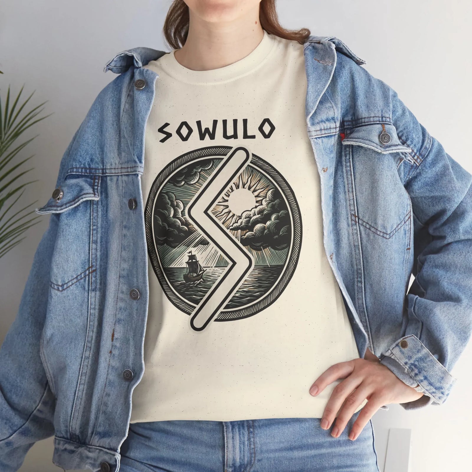 Sowulo Rune Sun & Sea Graphic T-Shirt - Heavy Cotton Classic Fit Tee - Unisex White