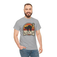 Black Cat Retro Sunset T-Shirt - Heavyweight 100% Cotton Classic Tee - Unisex White