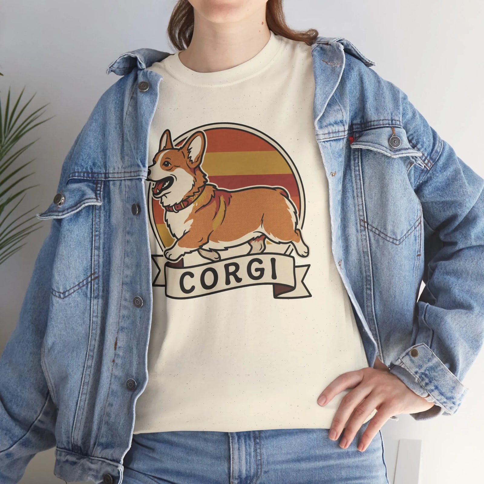 Corgi Retro 70s Sunset T-Shirt - Heavyweight Cotton Classic Fit Tee - Unisex White