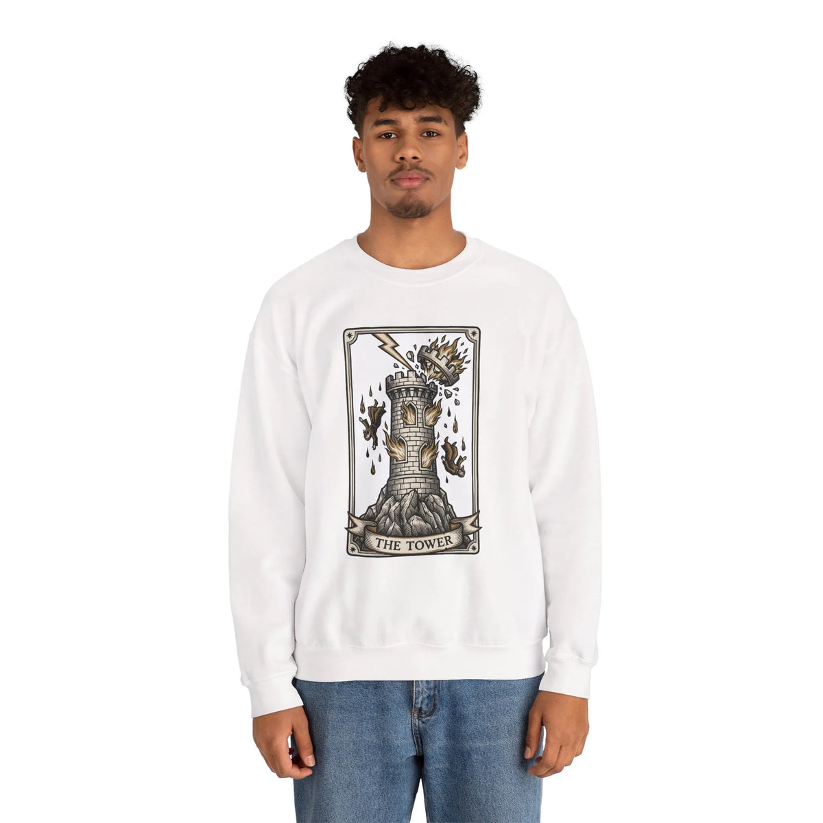 The Tower Tarot Card Sweatshirt - Heavy Blend Fleece Crewneck - Unisex White