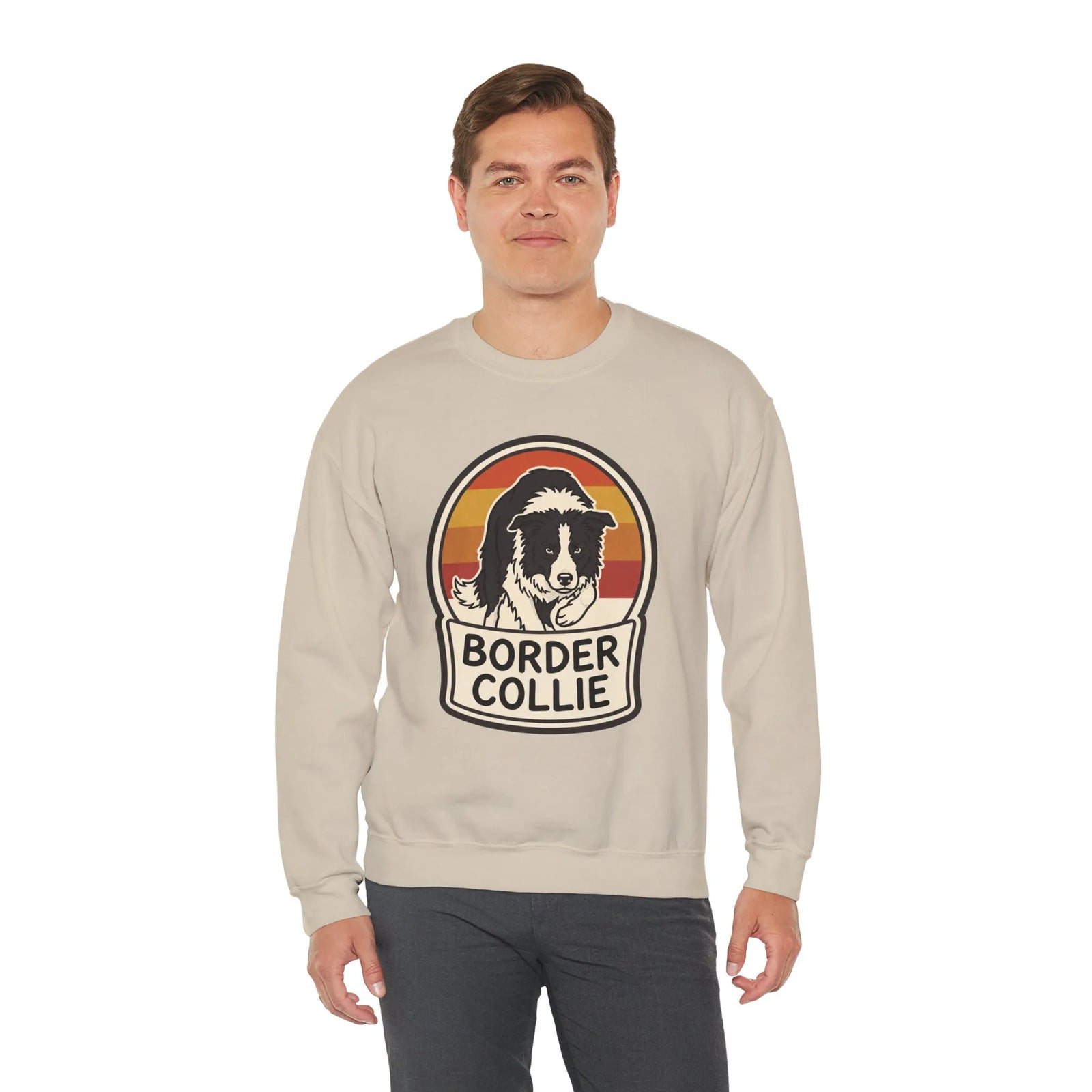 Border Collie Retro Sunset Sweatshirt - Heavy Blend Cotton Blend Crewneck - Unisex White