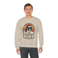 Border Collie Retro Sunset Sweatshirt - Heavy Blend Cotton Blend Crewneck - Unisex White