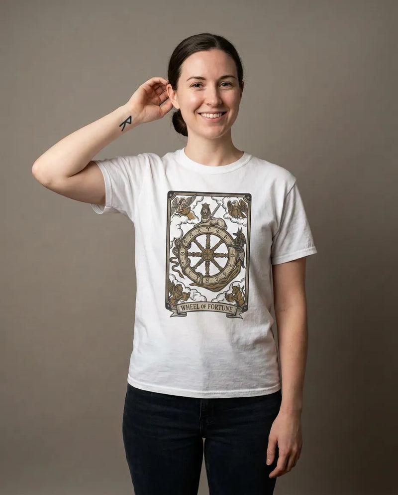 Wheel of Fortune Tarot Graphic T-Shirt - Heavyweight Cotton Classic Fit - Unisex White