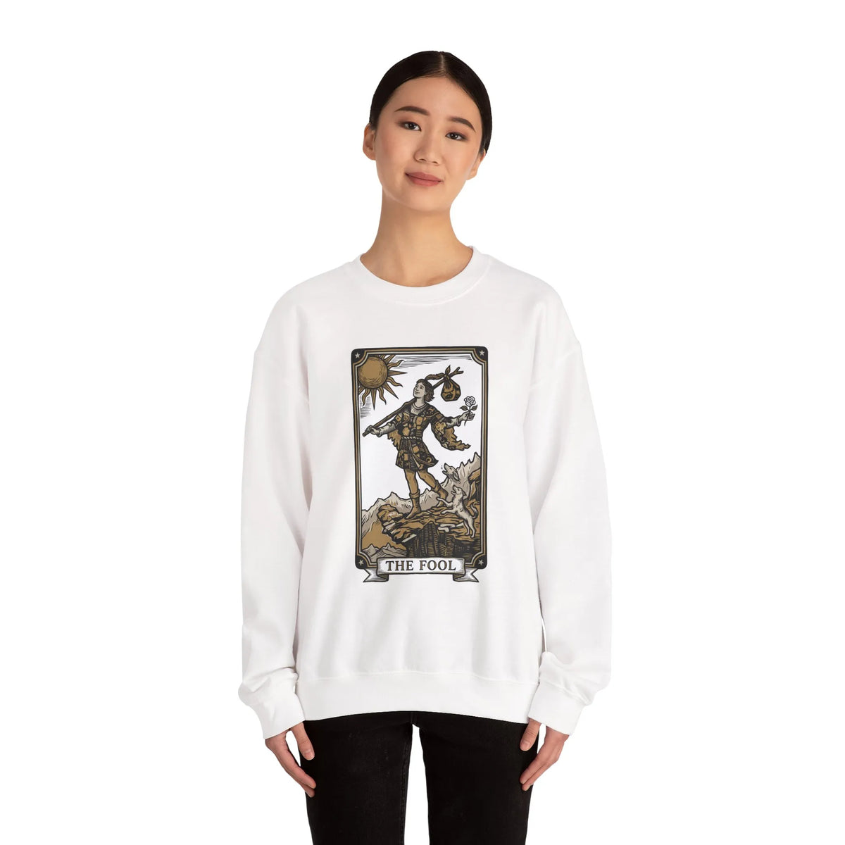 The Fool Tarot Card Graphic Sweatshirt - Heavy Blend Crewneck Fleece - Unisex White