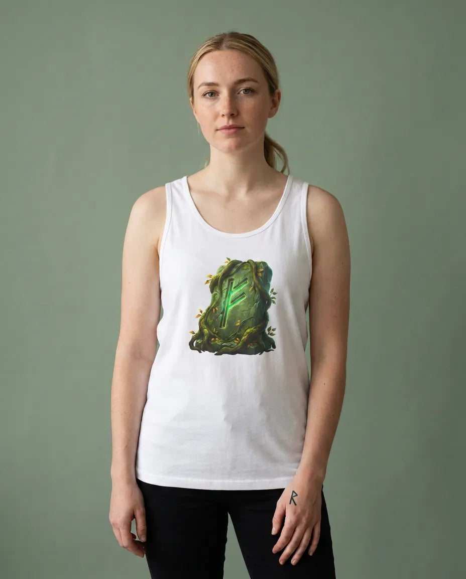 Fehu Rune Wealth Symbol Tank Top - Lightweight Cotton Jersey Retail Fit - Unisex White