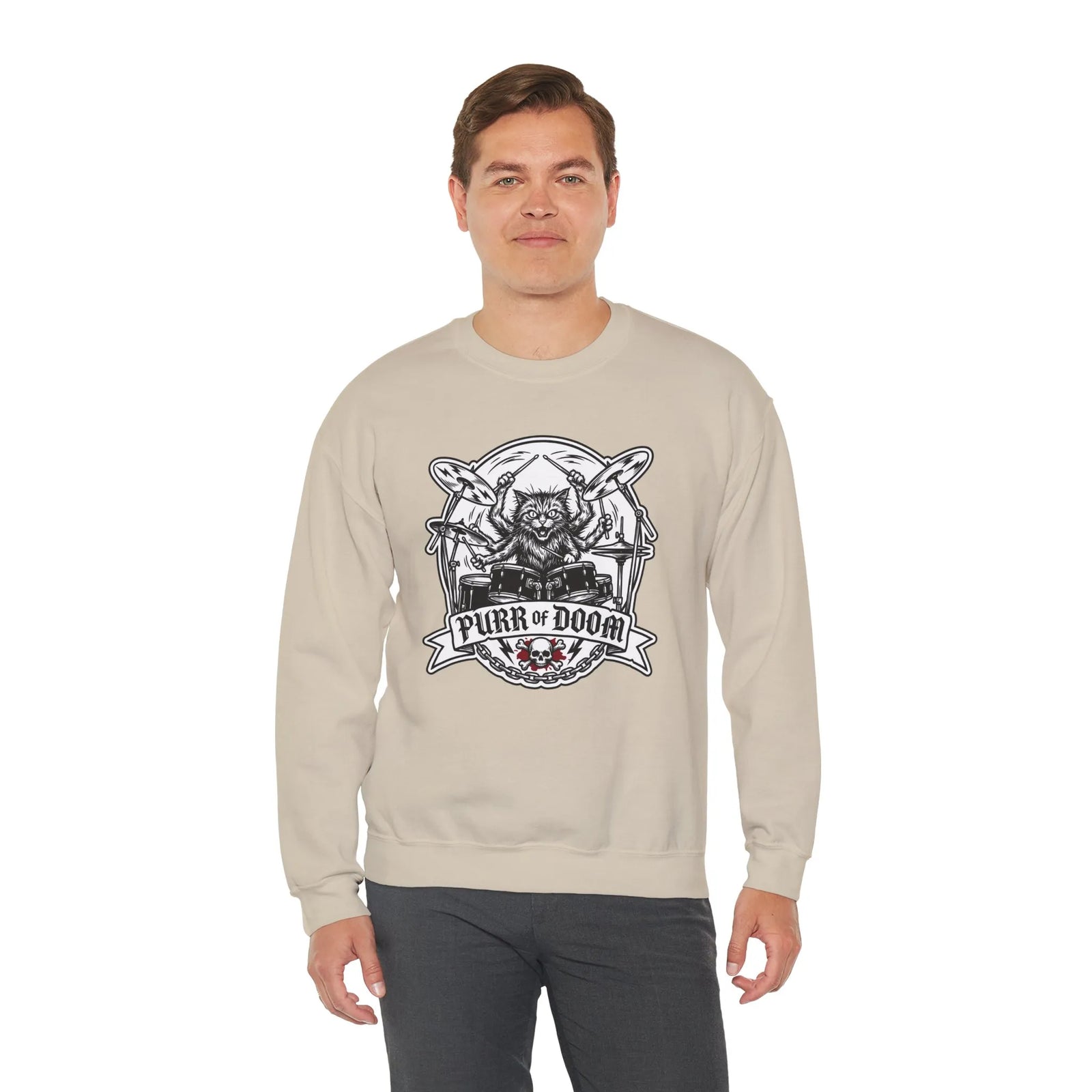 Heavy Metal Rocker Cats Drummer Sweatshirt - Heavy Blend Cotton Blend Crewneck - Unisex White