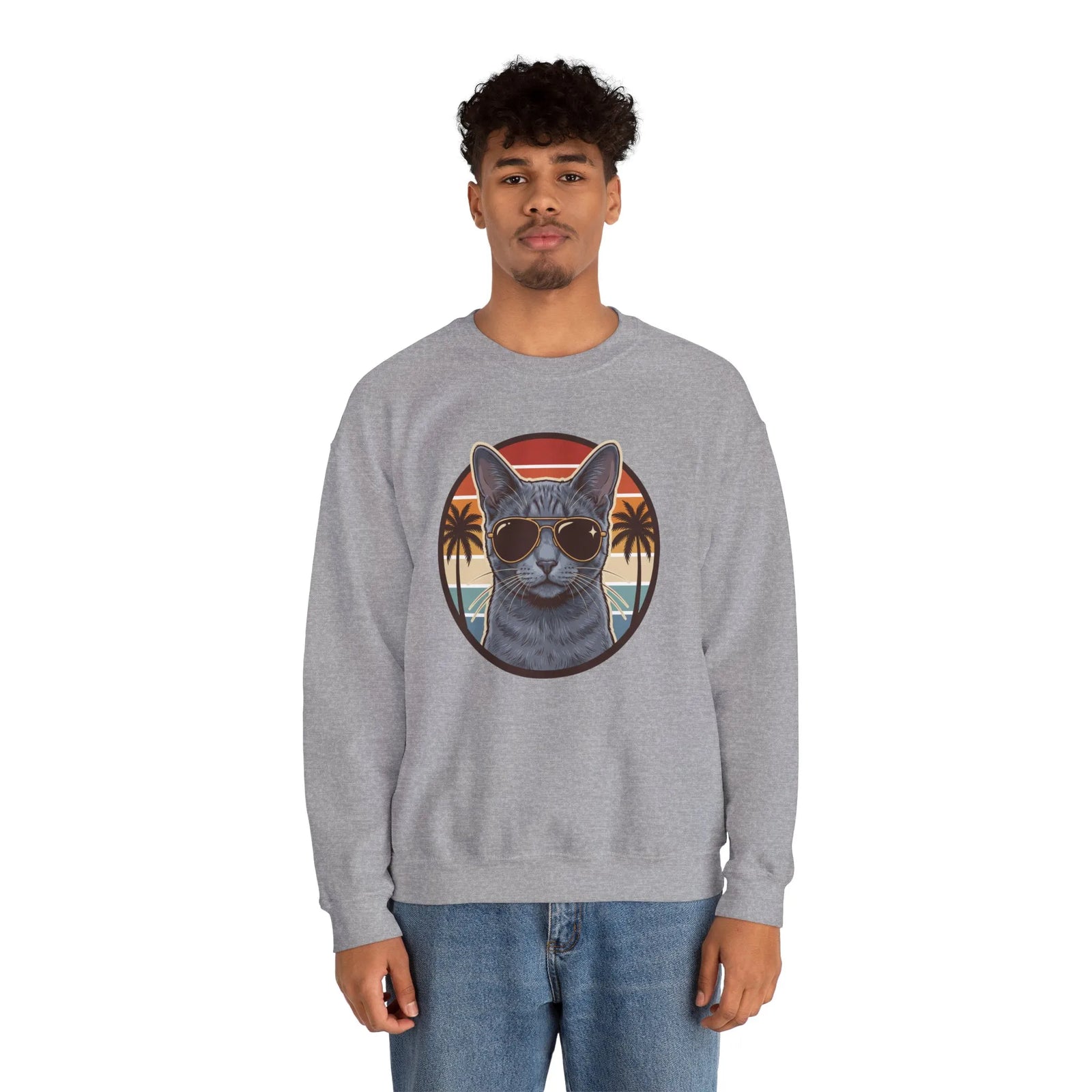 Russian Blue Cat Aviator Sunglasses Sweatshirt - Heavy Blend Fleece Crewneck - Unisex White