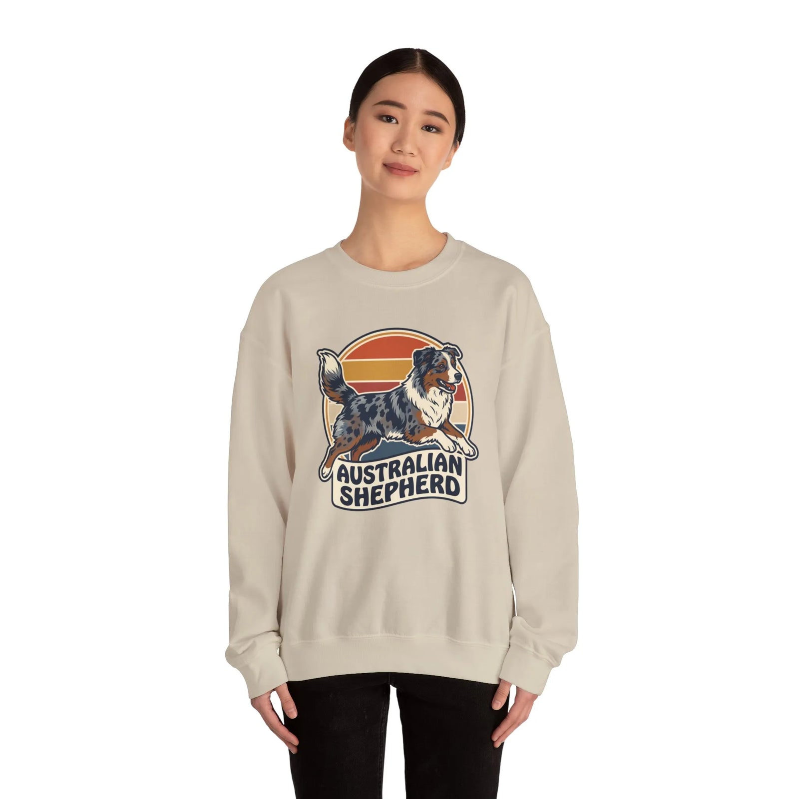 Australian Shepherd Retro 70s Sunset Sweatshirt - Heavy Blend Cotton Poly Crewneck - Unisex White