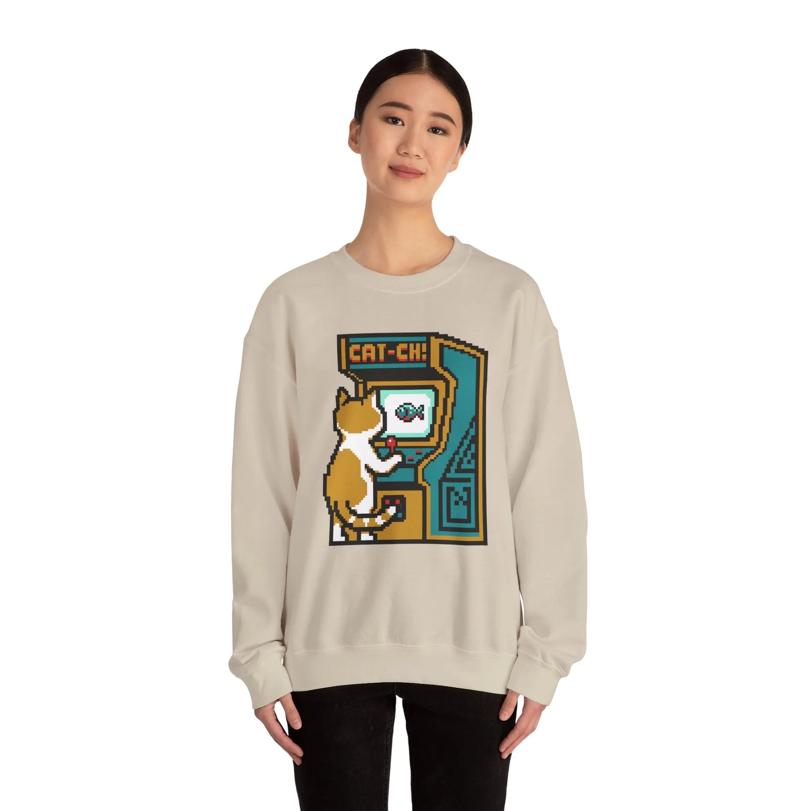 Arcade Night Pixel Gaming Cats Sweatshirt - Heavy Blend Fleece Crewneck - Unisex White